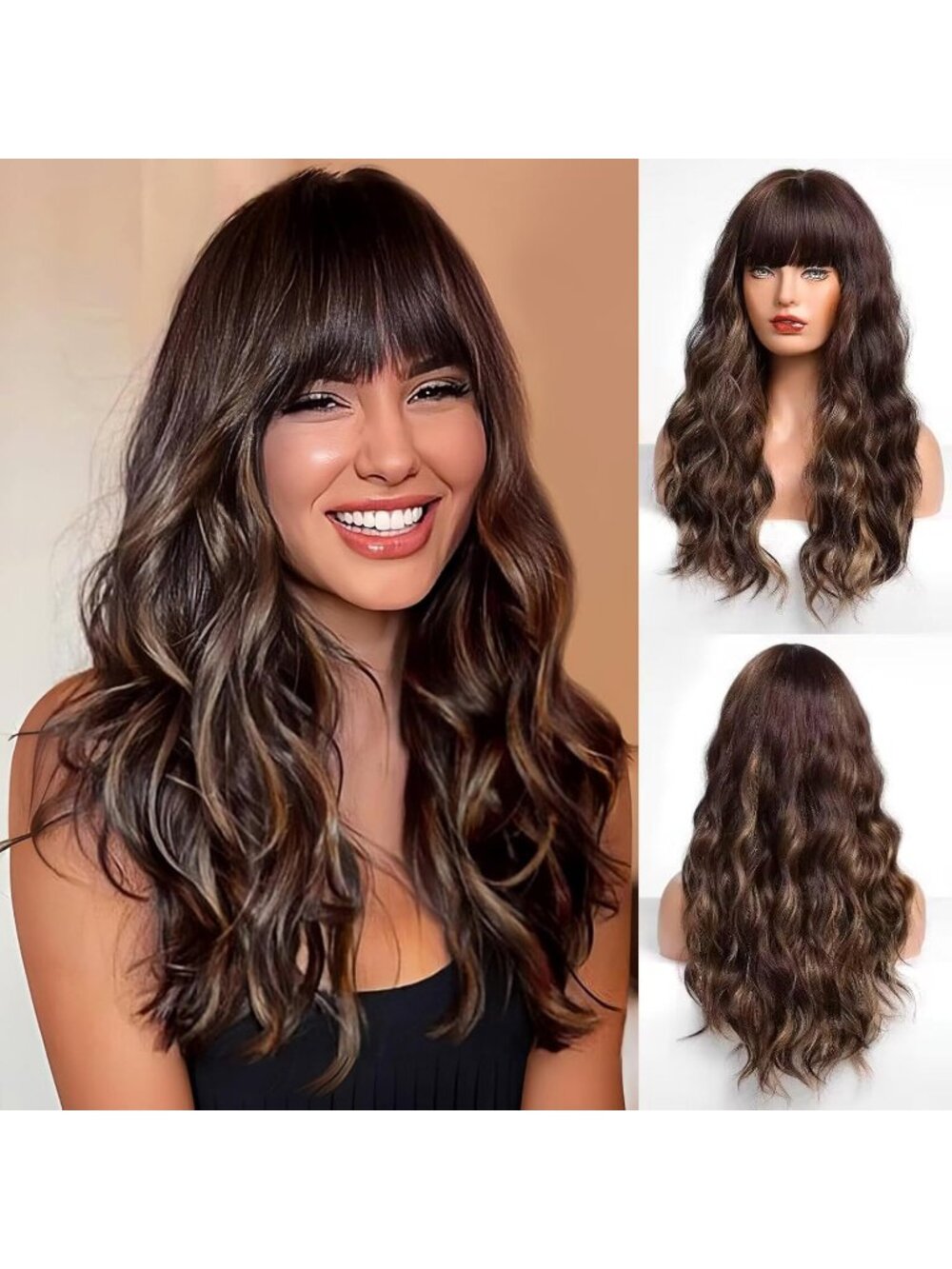 Women's Dark Brown Heat Resistant Long Curly Wavy Synthetic Wig Bang Size 26In